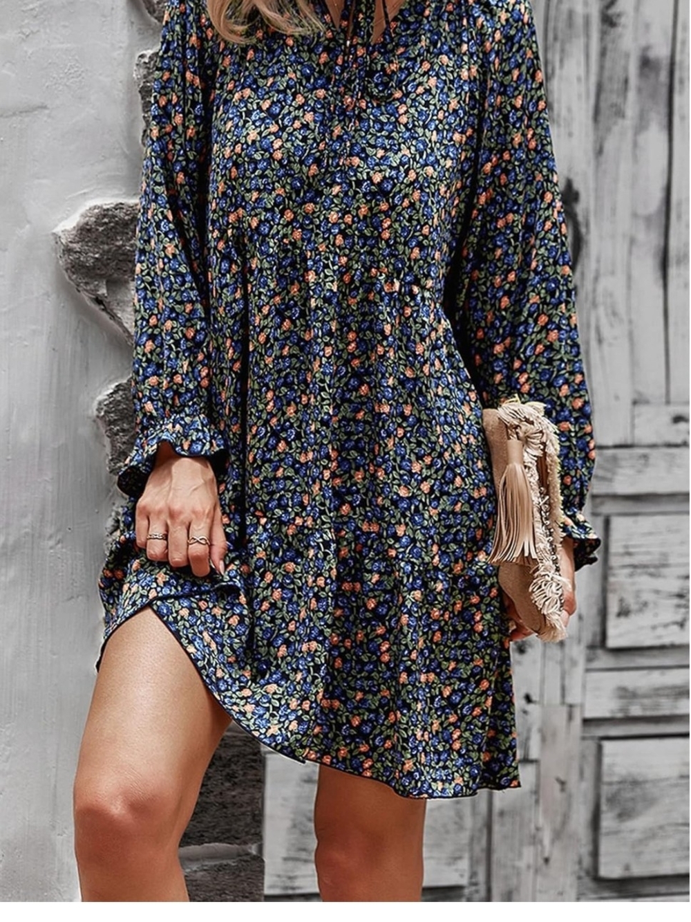 Floral Long Sleeve Mini Dress in Navy Blue - Picture 4 of 6